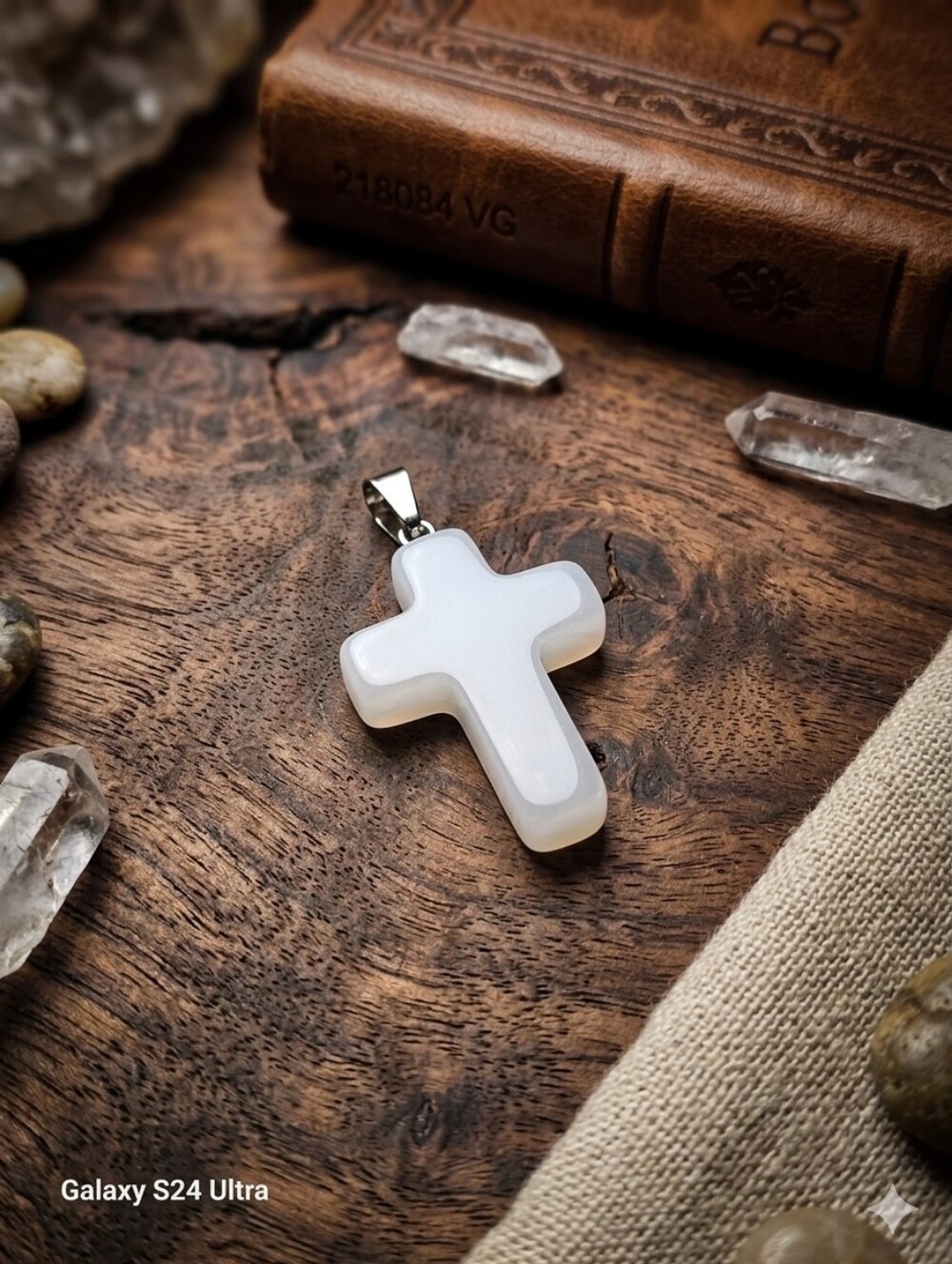 White Opalescent Cross Pendant Necklace with Cord